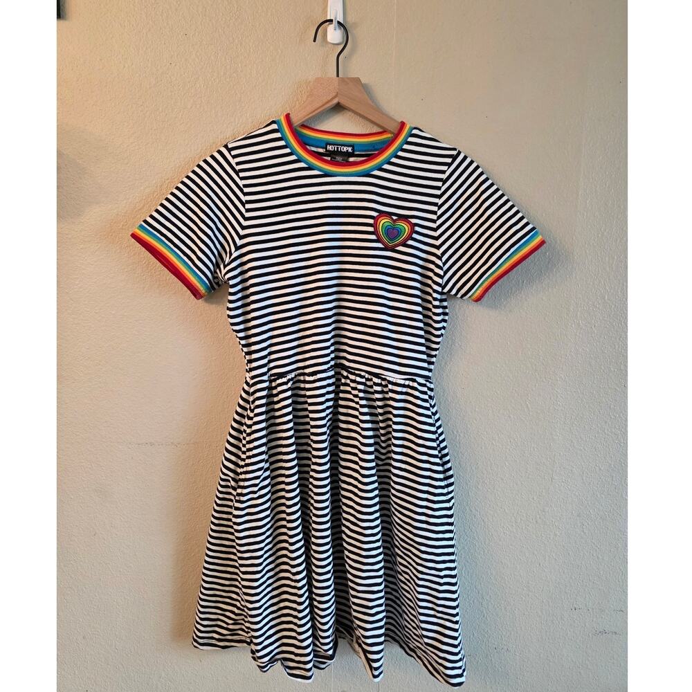 Hot Topic Black & White Striped Knit Dress with Rainbow Trim